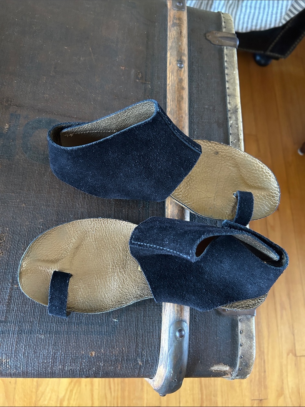 Pedro Garcia Black Suede Toe-Loop Sandals with Gold Insole